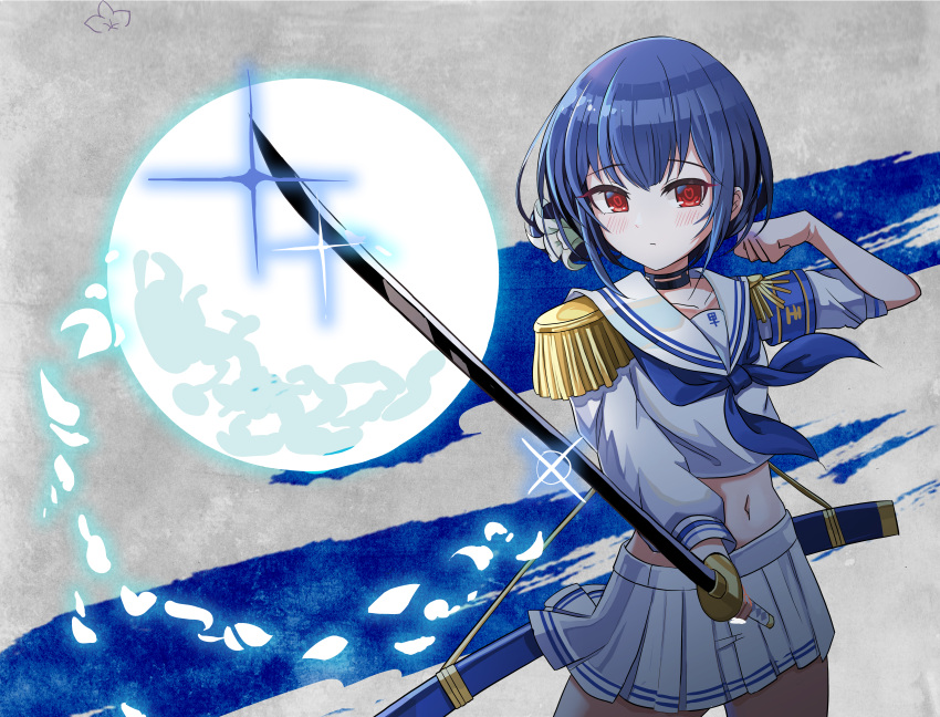 1girl absurdres armband bangs blue_hair blush choker epaulettes eyebrows_visible_through_hair flat_chest full_moon highres huge_filesize idolmaster idolmaster_shiny_colors katana looking_at_viewer midriff moon morino_rinze navel pleated_skirt red_eyes sailor_collar school_uniform serafuku sheath short_hair skirt solo sword sylph_p weapon white_sailor_collar white_serafuku white_skirt