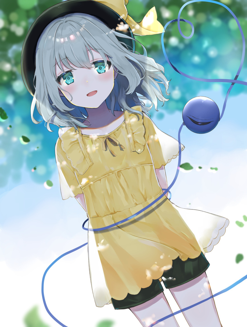 1girl :d absurdres arms_behind_back commentary_request day dress dutch_angle eyeball feet_out_of_frame green_eyes green_hair hat heart heart_of_string highres komeiji_koishi looking_at_viewer open_mouth outdoors shorts sky smile solo standing third_eye touhou yellow_dress yurara_(aroma42enola)