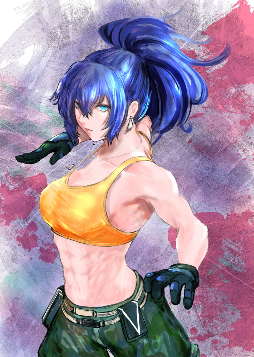 1girl abs ammunition_pouch armlet bare_arms bare_shoulders belt biceps blue_eyes blue_hair breasts camouflage camouflage_pants earrings eyes gloves highres jewelry leona_heidern looking_at_viewer midriff muscular muscular_female pants ponytail pouch sleeveless solo standing tank_top the_king_of_fighters the_king_of_fighters_xiv the_king_of_fighters_xv triangle_earrings uniform yellow_tank_top yuu_(primenumber7)