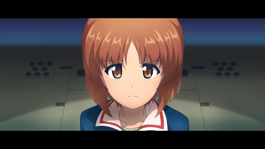 1girl 9s0ykoyama117 absurdres bangs blue_jacket brown_eyes brown_hair closed_mouth commentary eyebrows_visible_through_hair frown girls_und_panzer highres jacket letterboxed looking_at_viewer military military_uniform neon_genesis_evangelion nishizumi_miho ooarai_military_uniform short_hair solo uniform