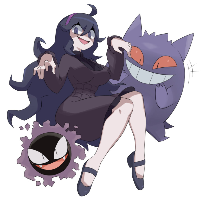 1girl 2others @_@ ahoge arms_up bangs black_footwear black_hair breasts colored_sclera dress fangs flowers-imh frilled_dress frills full_body gastly gen_1_pokemon gengar grin hair_between_eyes headband hex_maniac_(pokemon) highres large_breasts laughing long_hair looking_at_viewer mary_janes messy_hair midair multiple_others open_mouth pencil_dress pokemon pokemon_(game) pokemon_xy purple_dress purple_headband red_sclera shoes simple_background sitting slit_pupils smile tail turtleneck very_long_hair violet_eyes white_background