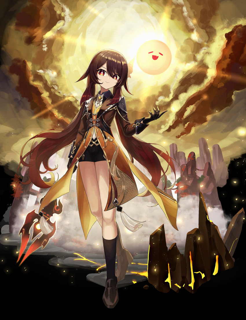 1girl absurdres adapted_costume black_footwear black_gloves black_legwear black_shorts brown_coat brown_hair clouds coat cosplay flat_chest full_body genshin_impact gloves gradient_hair highres holding holding_spear holding_weapon hu_tao huge_filesize kneehighs long_hair long_sleeves looking_at_viewer multicolored_hair pellas_(panix2383) polearm red_eyes shoes short_shorts shorts smile solo spear star-shaped_pupils star_(symbol) sunlight symbol-shaped_pupils thighs twintails very_long_hair weapon zhongli_(genshin_impact) zhongli_(genshin_impact)_(cosplay)