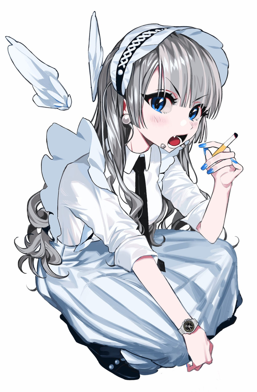 1girl 2pineapplepizza angel_wings apron black_neckwear blue_eyes blue_nails blush breasts cigarette curly_hair dress eyebrows_visible_through_hair fang fingernails frilled_apron frills highres lip_piercing long_hair maid maid_headdress necktie open_mouth original piercing silver_hair simple_background waist_apron watch watch white_background white_dress wing_collar wings
