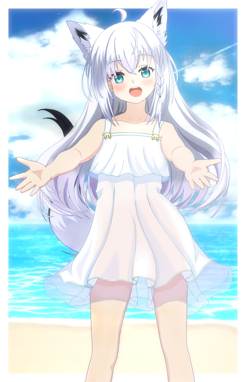 1girl absurdres ahoge animal_ear_fluff animal_ears bangs bare_arms beach blush border braid clouds cloudy_sky collarbone commentary day dress eyebrows_visible_through_hair flat_chest fox_ears fox_girl fox_tail green_eyes hair_between_eyes highres hololive long_hair looking_at_viewer ocean open_hands open_mouth outstretched_arms shirakami_fubuki sidelocks single_braid sky sleeveless sleeveless_dress solo sundress tail takuya_000t virtual_youtuber white_dress white_hair