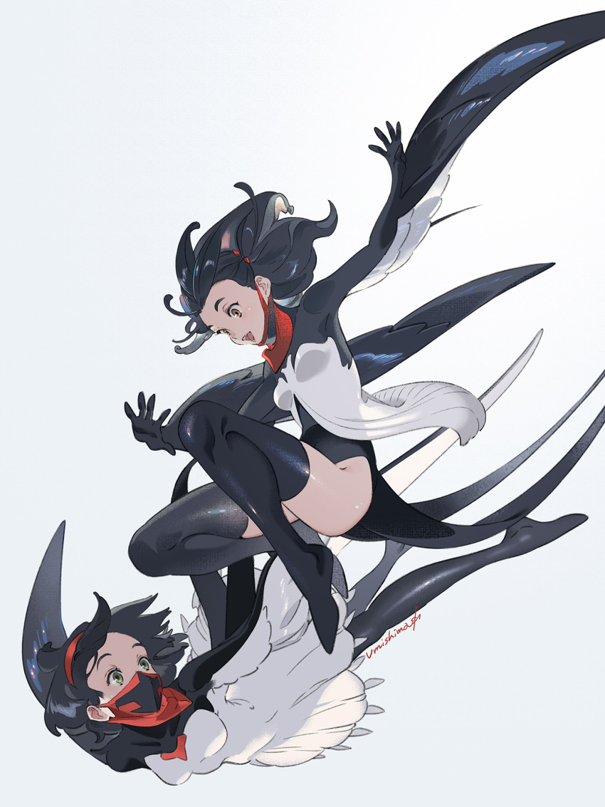 2girls barn_swallow black_hair black_legwear boots breasts brown_eyes dress gradient gradient_background highres long_hair mask medium_breasts mouth_mask multiple_girls open_mouth original personification print_mask signature smile thigh-highs thigh_boots umishima_senbon white_background white_dress