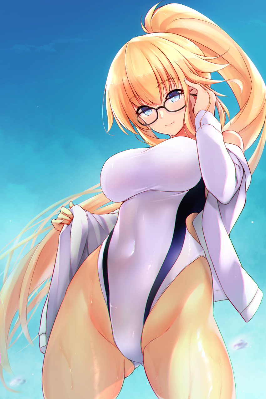 1girl bangs black-framed_eyewear blonde_hair blue_eyes blue_sky breasts closed_mouth clouds commentary_request covered_navel day eyebrows_visible_through_hair fate/grand_order fate_(series) glasses highleg highleg_swimsuit highres jeanne_d'arc_(fate)_(all) jeanne_d'arc_(swimsuit_archer)_(fate) large_breasts long_hair looking_at_viewer one-piece_swimsuit ponytail sky solo swimsuit thighs tohoho_(hoshinoyami) wet
