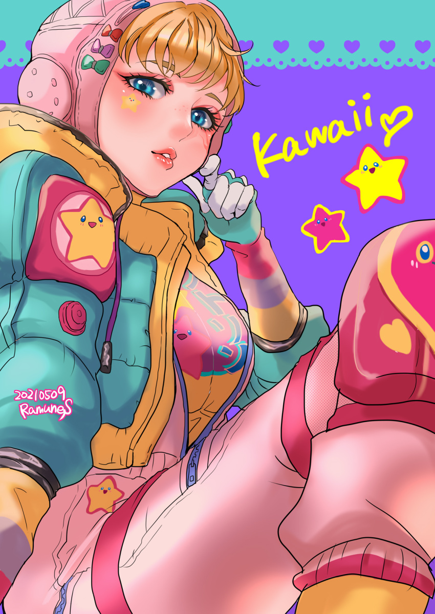 1girl apex_legends aqua_gloves bangs blonde_hair blue_eyes blush bodysuit bow breasts eyeshadow facial_tattoo gloves graphic_shirt green_bow heart highres looking_at_viewer makeup medium_breasts official_alternate_costume parted_lips pink_bodysuit pink_eyeshadow purple_bow ramune02 red_bow shirt solo star_(symbol) tattoo wattson_(apex_legends) yellow_shirt