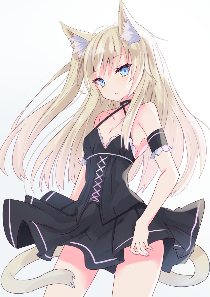 1girl animal_ear_fluff animal_ears bangs bare_shoulders black_dress blonde_hair blue_eyes blush breasts cat_ears cat_girl cat_tail commentary_request criss-cross_halter dress eyebrows_visible_through_hair halterneck highres hizaka long_hair one_side_up original parted_lips pleated_dress simple_background small_breasts solo standing tail very_long_hair white_background