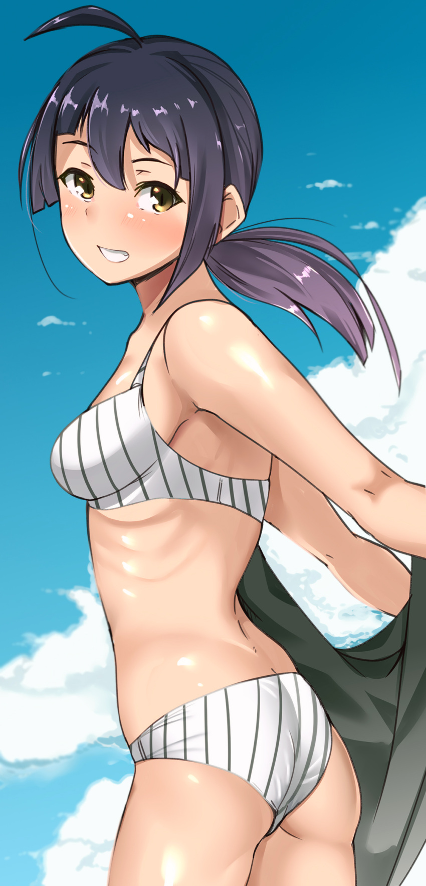 1girl ahoge ass bangs bikini black_hair blue_sky blunt_bangs bra breasts chirashi_(so) clouds commentary_request cowboy_shot day from_behind fujinami_(kancolle) grin hair_ribbon highres kantai_collection long_hair looking_at_viewer medium_breasts outdoors panties ribbon side_ponytail simple_background sky smile solo striped swimsuit underwear undressing white_background white_bikini white_ribbon yellow_eyes
