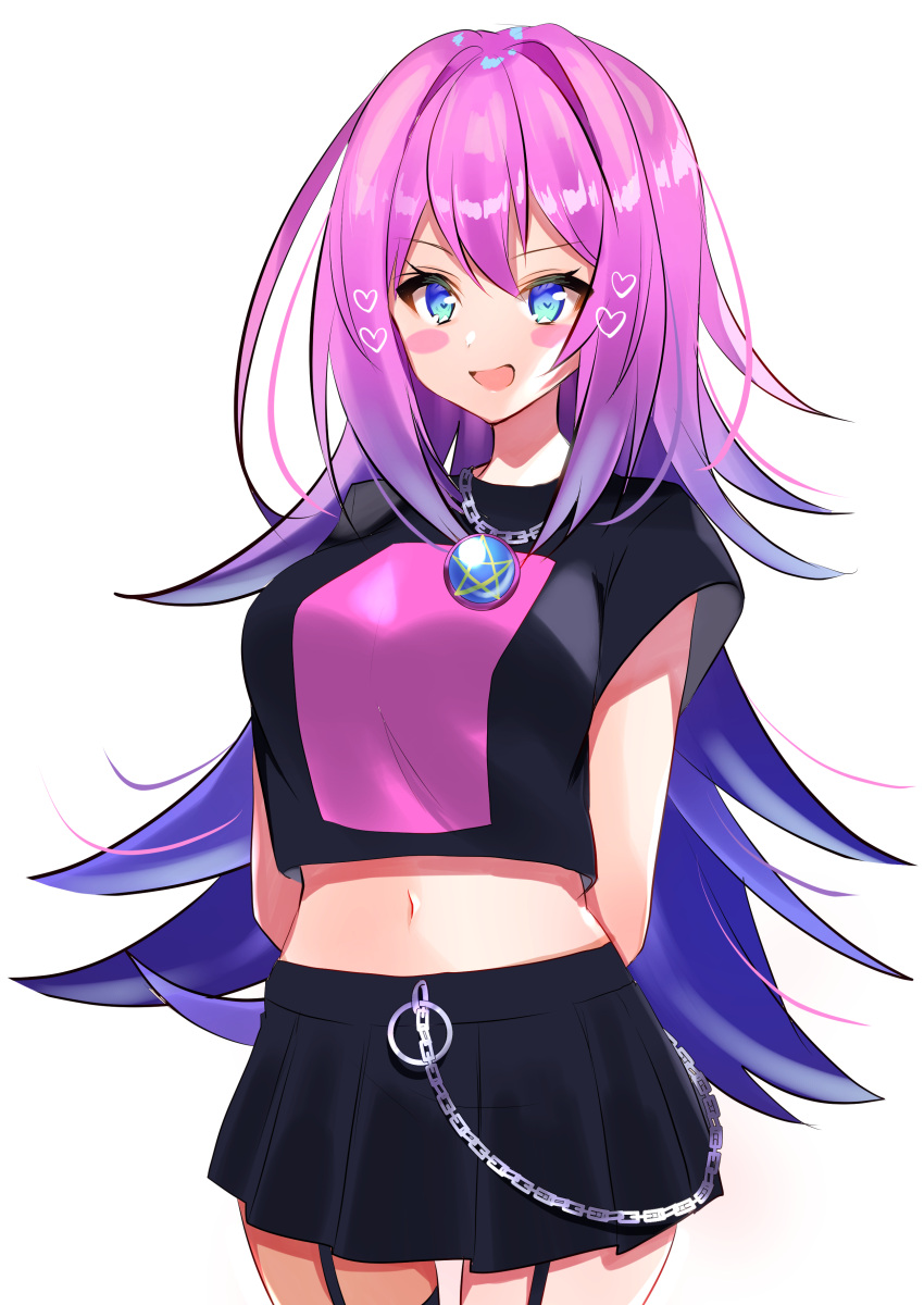1girl :d absurdres arms_behind_back black_shirt black_skirt blue_eyes breasts commission cowboy_shot crop_top crop_top_overhang garter_straps gradient_hair heart highres jewelry long_hair looking_at_viewer medium_breasts midriff miniskirt multicolored_hair navel necklace nenobi_(nenorium) open_mouth original pink_hair pixiv_request pleated_skirt shirt short_sleeves simple_background skirt smile solo stomach thigh-highs very_long_hair white_background zettai_ryouiki
