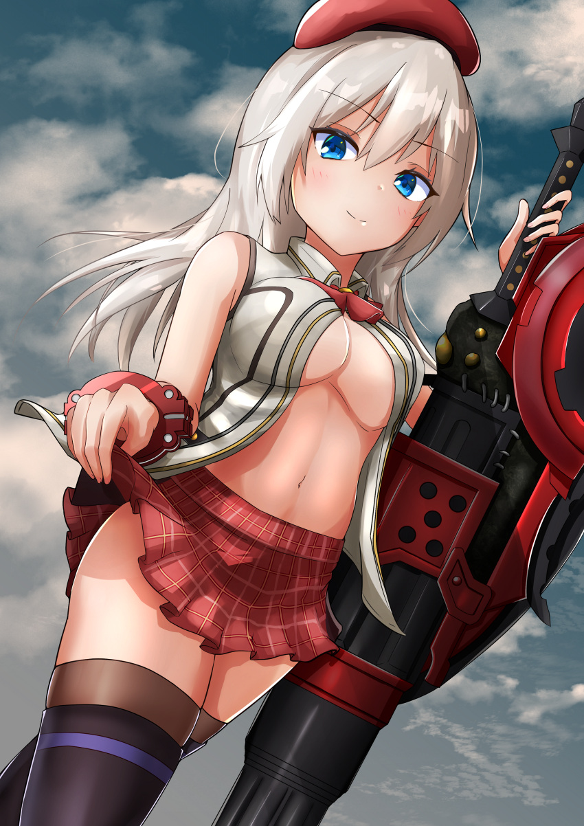 1girl absurdres alisa_ilinichina_amiella ariuru_(arinrin00) bangs bare_shoulders beret black_footwear black_legwear blue_eyes blue_sky blush boots bracer breasts closed_mouth clouds cloudy_sky collared_shirt commentary_request cowboy_shot eyebrows_visible_through_hair gloves god_eater god_eater_2:_rage_burst groin hair_between_eyes hat highres holding holding_weapon huge_weapon large_breasts lifted_by_self light_blush long_hair looking_at_viewer navel neck_ribbon partial_commentary partially_unbuttoned plaid plaid_skirt red_headwear red_neckwear red_skirt ribbon shirt sidelocks silver_hair skindentation skirt skirt_lift sky sleeveless sleeveless_shirt smile solo standing stomach thigh-highs thigh_boots under_boob weapon white_shirt zettai_ryouiki