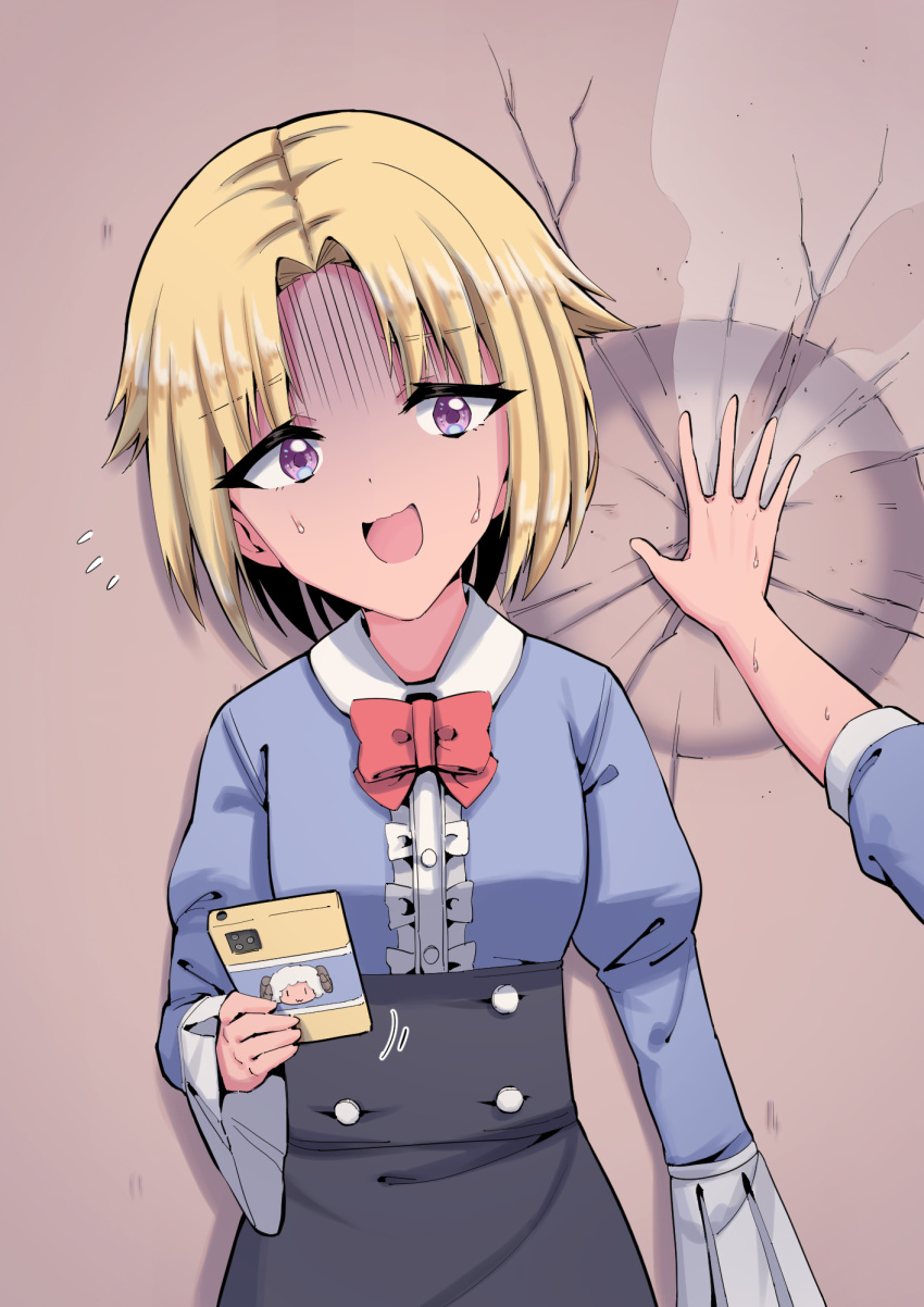 2girls against_wall arm_up bangs black_skirt blonde_hair blue_shirt bow bowtie breasts brown_background buttons cellphone collared_shirt commentary damaged eyebrows_visible_through_hair female_pov flying_sweatdrops frilled_shirt frills hair_flaps hair_intakes hand_up head_tilt high-waist_skirt highres holding holding_phone juliet_sleeves long_sleeves looking_to_the_side miruru_(rune_(pixiv_25170019)) motion_lines multiple_girls open_mouth original outstretched_arm phone pov puffy_sleeves raika_(rune_(pixiv_25170019)) red_neckwear rune_(pixiv_25170019) school_uniform shiny shiny_hair shirt shirt_tucked_in short_hair sidelocks skirt small_breasts smartphone smile solo_focus standing steam straight-on sweat turn_pale upper_body violet_eyes wall_slam wavy_mouth