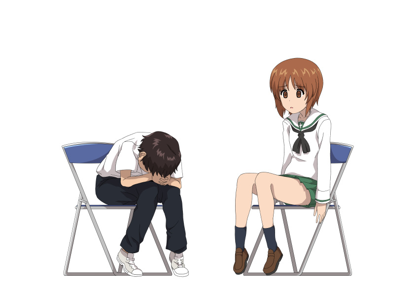 1boy 1girl 9s0ykoyama117 absurdres bangs belt black_belt black_legwear black_neckwear black_pants blouse brown_eyes brown_footwear brown_hair chair crossover dress_shirt empty_eyes eyebrows_visible_through_hair folding_chair frown girls_und_panzer green_skirt hands_together highres ikari_shinji interlocked_fingers leaning_forward loafers long_sleeves miniskirt neckerchief neon_genesis_evangelion nishizumi_miho ooarai_school_uniform pants parted_lips pleated_skirt sailor_collar school_uniform serafuku shirt shoes short_hair short_sleeves simple_background sitting skirt sneakers socks very_short_hair white_background white_blouse white_footwear white_sailor_collar white_shirt wing_collar