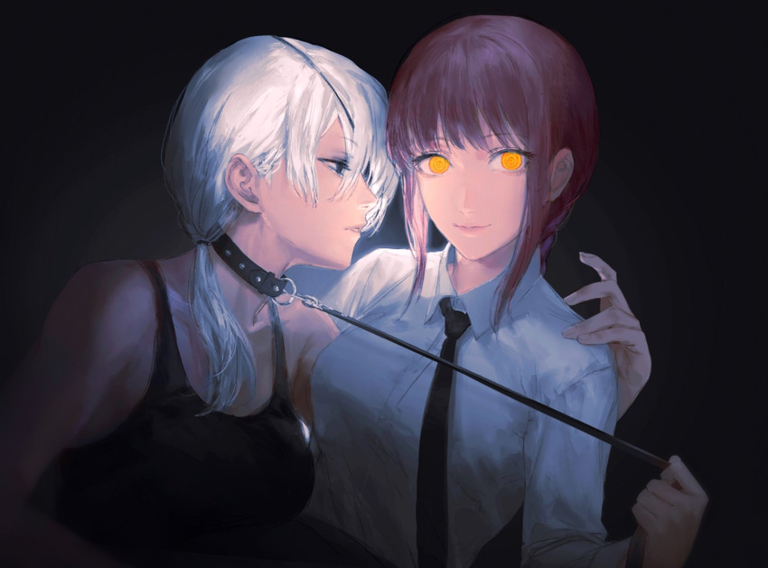2girls black_eyepatch black_eyes black_neckwear black_shirt braid braided_ponytail breasts brown_hair business_suit chainsaw_man collar couple eyebrows_visible_through_hair eyepatch formal girl_on_top highres keibleh leash leash_pull light_smile long_sleeves looking_at_another looking_at_viewer makima_(chainsaw_man) medium_breasts multiple_girls necktie quanxi_(chainsaw_man) ringed_eyes shirt sitting sitting_on_person sleeveless sleeveless_shirt smile suit tank_top white_hair white_shirt yellow_eyes yuri