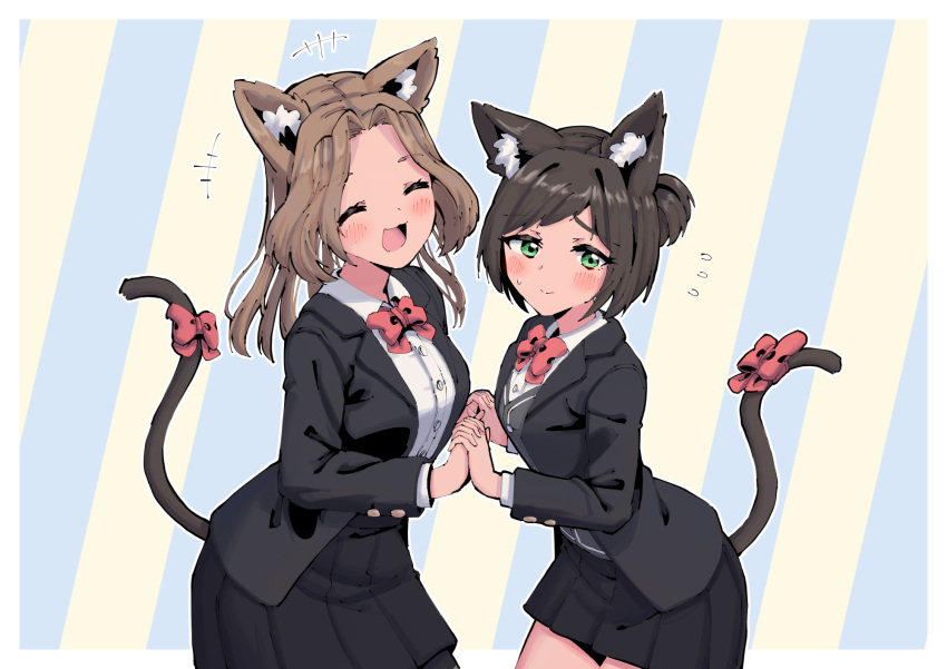 +++ 2girls :3 ^_^ animal_ear_fluff animal_ears arched_back bangs black_jacket black_legwear black_skirt border bow bowtie breasts brown_hair buttons cat_ears cat_girl cat_tail closed_eyes closed_mouth collared_shirt commentary cowboy_shot embarrassed eyebrows_visible_through_hair flying_sweatdrops forehead green_eyes grey_vest hair_intakes half-closed_eyes hands_up happy highres holding_hands interlocked_fingers jacket long_hair long_sleeves looking_away looking_to_the_side medium_breasts miniskirt multiple_girls nervous one_side_up open_clothes open_jacket open_mouth original outline outside_border pantyhose pleated_skirt red_bow red_neckwear rune_(pixiv_25170019) school_uniform shiny shiny_hair shirt short_hair sidelocks simple_background skirt small_breasts smile standing striped striped_background tail tail_bow tail_ornament two-tone_background vest white_border white_outline white_shirt yuri