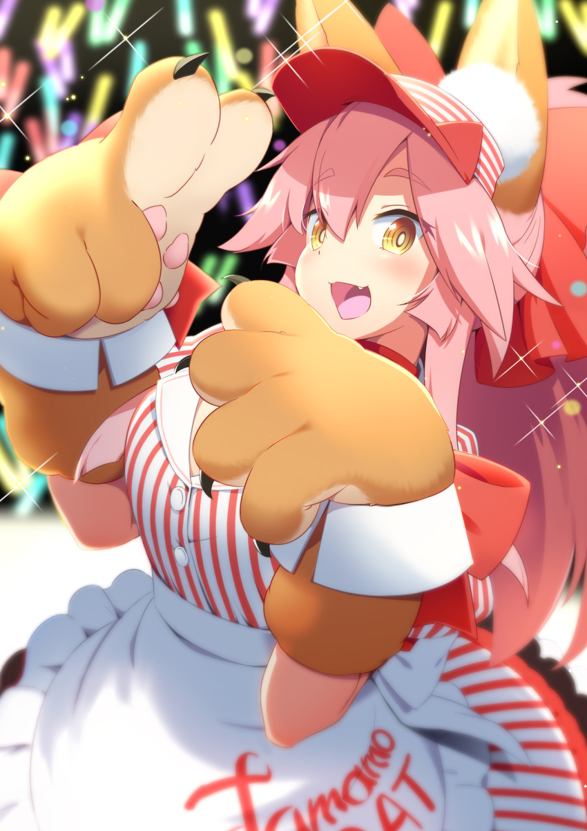 1girl animal_ear_fluff animal_ears bell blush breasts cat_paws collar dress eyebrows_visible_through_hair fang fate/grand_order fate_(series) fox_ears fox_girl fox_tail gloves hair_ribbon headpiece highres hinotama_(hinotama422) jingle_bell large_breasts long_hair looking_at_viewer lostroom_outfit_(fate) neck_bell open_mouth paw_gloves paws pink_hair ponytail red_ribbon ribbon solo striped striped_dress tail tamamo_(fate)_(all) tamamo_cat_(fate)