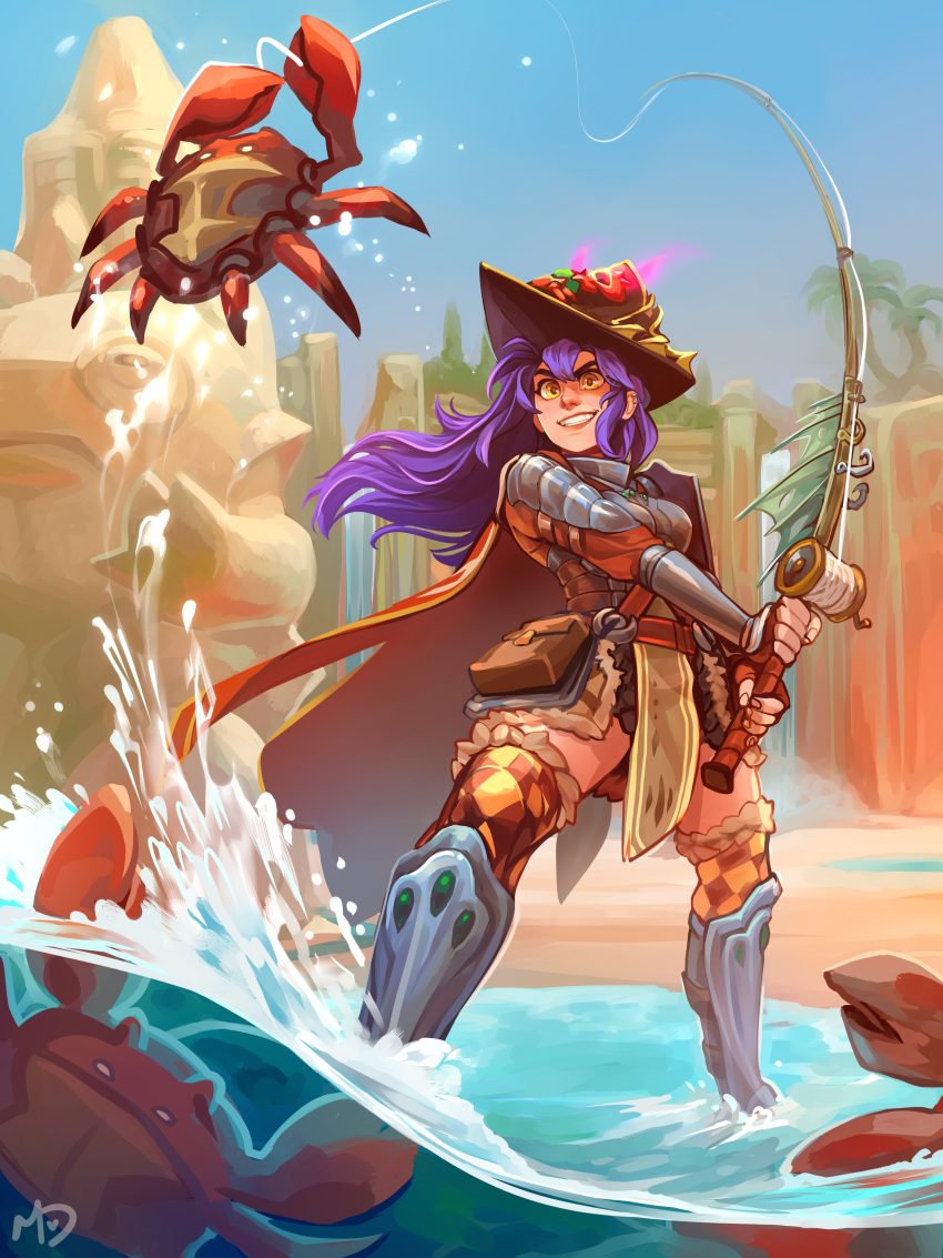 1girl absurdres blue_sky cape crab dang_(runescape) ear_piercing fishing fishing_rod hat highres long_hair momo-deary parted_lips piercing purple_hair runescape sky smile soaking_feet solo standing thigh-highs tree water waterfall wide_shot yellow_eyes