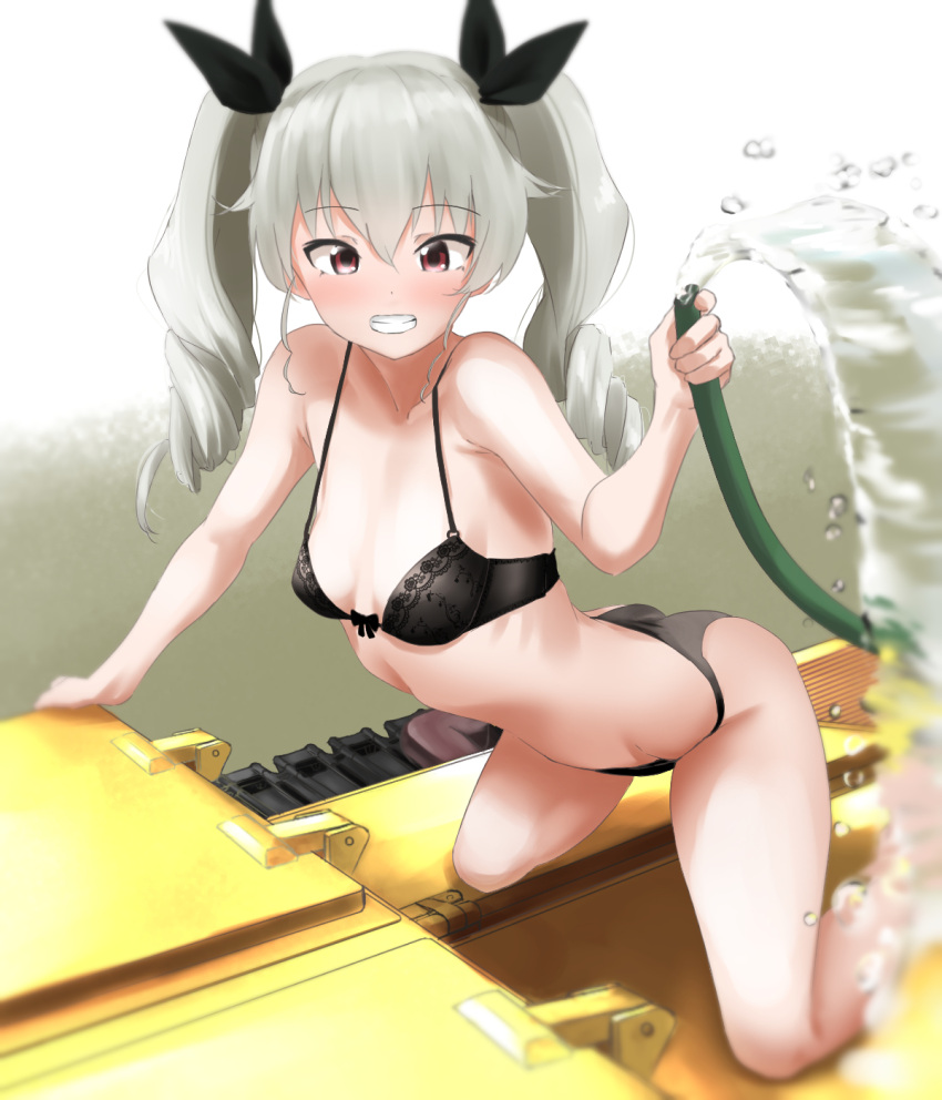 1girl all_fours anchovy_(girls_und_panzer) ass black_bra black_panties black_ribbon blurry blush bra breasts depth_of_field drill_hair girls_und_panzer grey_hair grin ground_vehicle hair_ribbon highres hose long_hair looking_at_viewer military military_vehicle motor_vehicle panties red_eyes ribbon smile solo tama_(seiga46239239) teeth twin_drills twintails underwear underwear_only water