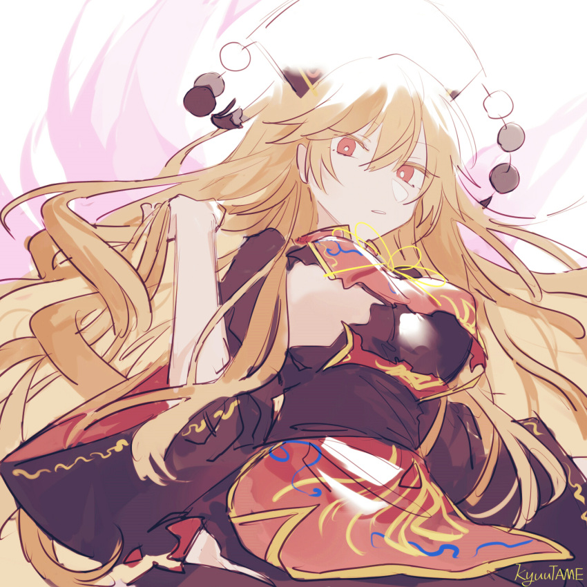 1girl areola_slip areolae artist_name aura black_dress black_headwear blonde_hair breasts chinese_clothes crown dress hand_in_hair highres junko_(touhou) kyuutame large_breasts long_hair looking_at_viewer parted_lips red_eyes ribbon tabard torn_clothes torn_dress touhou very_long_hair yellow_ribbon