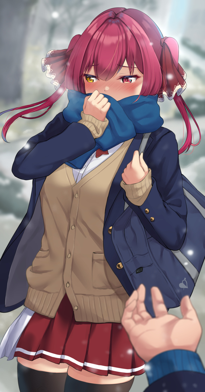 1girl 1other absurdres alternate_costume bag bangs black_legwear blazer blue_jacket blush brown_sweater covering_mouth embarrassed hair_ribbon heterochromia highres hololive houshou_marine jacket long_hair miniskirt mugino0515 parted_hair pleated_skirt pov pov_hands red_eyes red_ribbon red_skirt redhead ribbon scarf school_bag school_uniform skirt snowing sweater thigh-highs twintails virtual_youtuber winter yellow_eyes