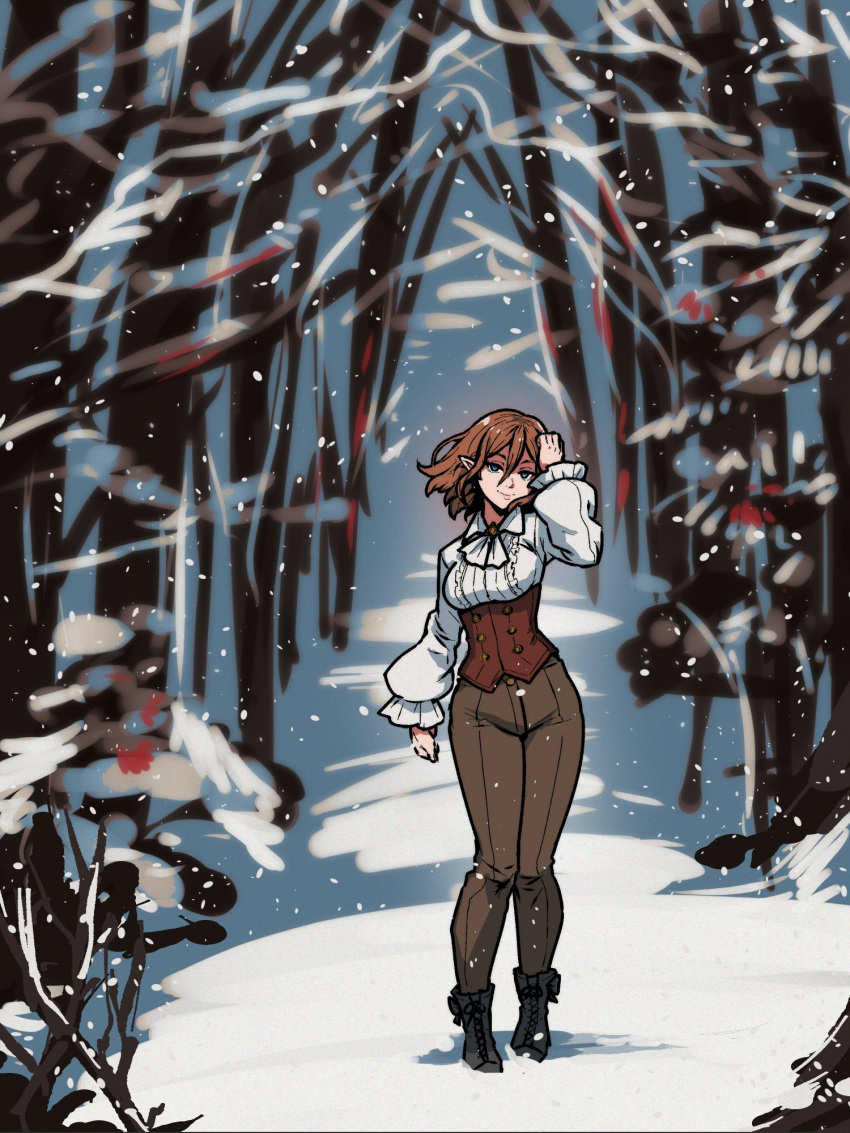 1girl akairiot aqua_eyes arm_up black_footwear boots breasts brown_hair brown_pants flower hair_between_eyes highres long_sleeves looking_at_viewer medium_breasts medium_hair original pants plant pointy_ears puffy_long_sleeves puffy_sleeves red_flower smile snow solo standing tree wide_shot winter