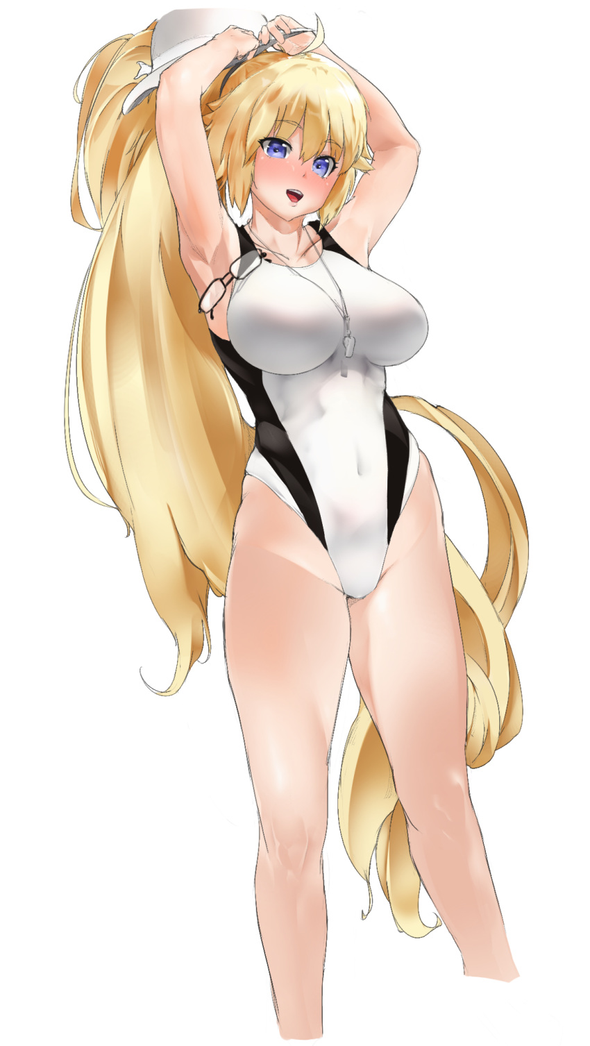 1girl arms_up black-framed_eyewear blonde_hair blue_eyes breasts competition_swimsuit covered_navel cropped_legs eyewear_removed fate/grand_order fate_(series) highleg highleg_swimsuit highres jeanne_d'arc_(fate)_(all) jeanne_d'arc_(swimsuit_archer)_(fate) large_breasts long_hair looking_at_viewer one-piece_swimsuit ponytail shshs_budai simple_background solo swimsuit whistle whistle_around_neck white_background white_swimsuit