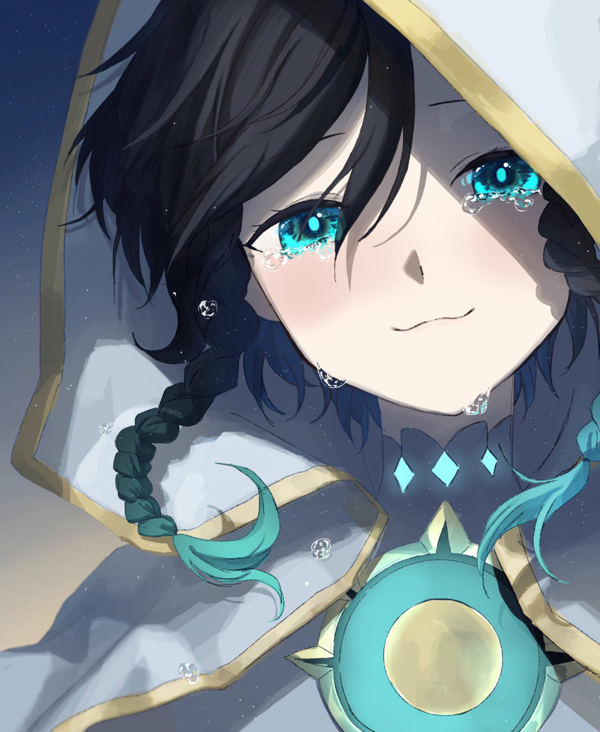 1boy alternate_costume androgynous bangs black_hair blue_hair blush braid capelet closed_mouth crop_top crying crying_with_eyes_open english_commentary genshin_impact gradient_hair green_eyes highres hood hood_up hooded_capelet looking_at_viewer male_focus multicolored_hair night night_sky nnnagikiho short_hair_with_long_locks simple_background sky smile solo star_(sky) starry_sky tears twin_braids venti_(genshin_impact)