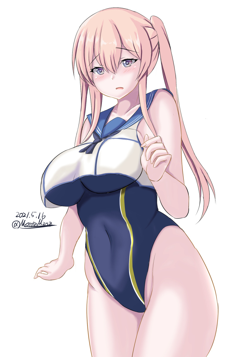 1girl black_swimsuit blonde_hair blue_sailor_collar competition_swimsuit cowboy_shot crop_top crop_top_overhang dated graf_zeppelin_(kancolle) grey_eyes hair_between_eyes highres kantai_collection long_hair looking_at_viewer montemasa one-hour_drawing_challenge one-piece_swimsuit sailor_collar sailor_shirt shirt sidelocks simple_background sleeveless solo swimsuit swimsuit_under_clothes twintails twitter_username white_background