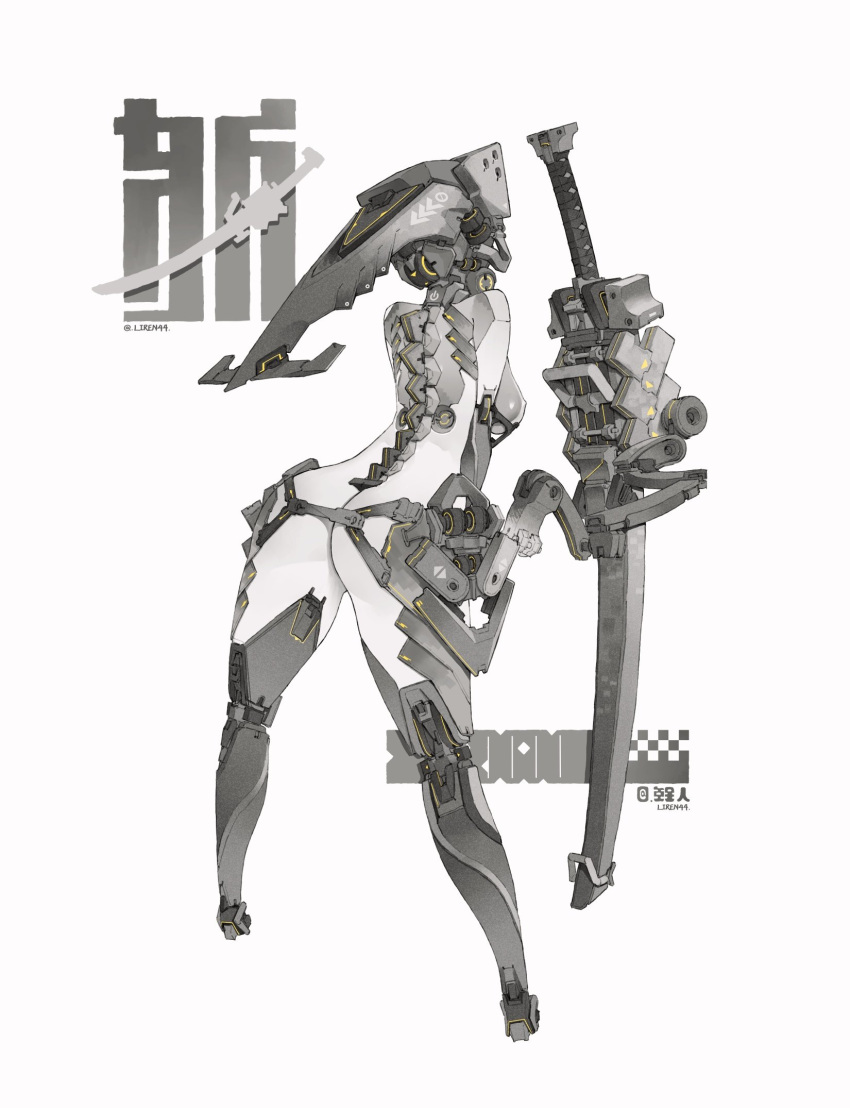 ass back bodysuit highres impossible_clothes liren44 looking_away mecha_musume mechanical_arms original simple_background skin_tight sword thick_thighs thighs weapon white_background