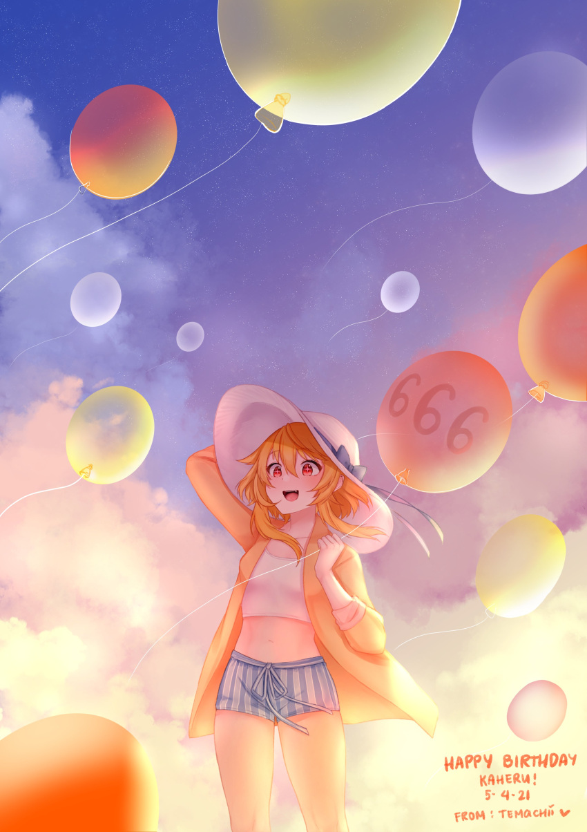 +_+ 1girl 666 :d absurdres balloon blue_bow blue_panties blue_sky bow boyshort_panties commentary dated day english_commentary hand_up hat hat_bow highres indie_virtual_youtuber jacket kaheru_(vtuber) long_sleeves navel open_clothes open_jacket open_mouth orange_hair outdoors panties red_eyes ribbon signature sky smile solo star_(sky) starry_sky sun_hat sunset temachii underwear white_headwear yellow_jacket