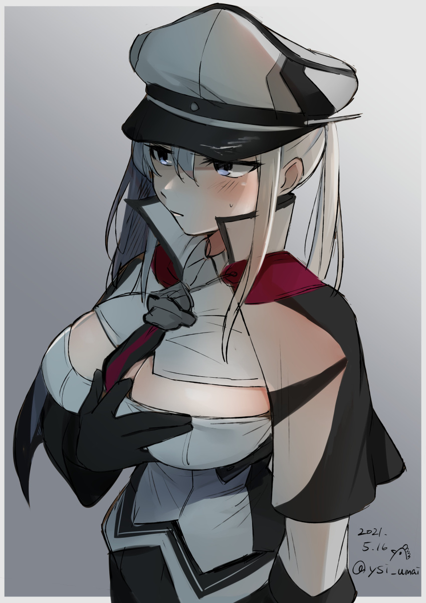 1girl absurdres black_gloves blonde_hair breasts capelet commentary_request gloves graf_zeppelin_(kancolle) grey_eyes hair_between_eyes hat highres jacket kantai_collection large_breasts long_hair looking_to_the_side military military_hat military_uniform necktie one-hour_drawing_challenge open_clothes peaked_cap sidelocks solo toriniku_senshi_chikinman tsurime twintails uniform upper_body