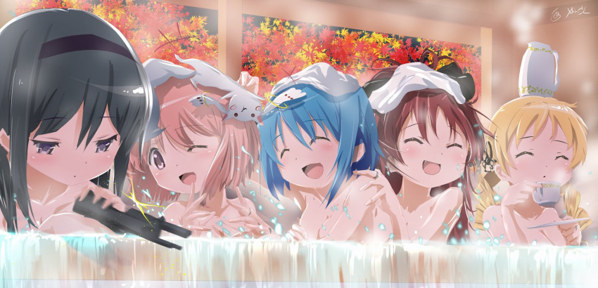 5girls :d :o akemi_homura bare_shoulders bath black_hair blowing blue_hair breasts breasts_outside closed_eyes commentary_request cup drill_hair eyebrows_visible_through_hair gun handgun hands_on_another's_shoulders hands_up highres holding holding_cup holding_gun holding_saucer holding_weapon in_water indoors jewelry kaname_madoka kyubey laughing light_blush looking_at_another looking_down mahou_shoujo_madoka_magica medium_breasts miki_sayaka multiple_girls one_eye_closed open_mouth pink_hair redhead ring sakura_kyouko saucer sengoku_chidori shared_bathing short_hair smile steam tomoe_mami towel towel_on_head twin_drills violet_eyes water waterfall weapon