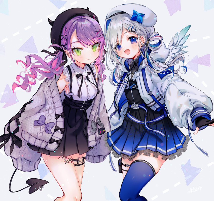 2girls absurdres amane_kanata angel_wings arrow_(symbol) bare_legs belt belt_buckle beret black_dress black_headwear black_neckwear black_ribbon black_shirt black_skirt blue_eyes blue_hair blue_legwear blue_skirt blush bow bowtie breasts buckle closed_mouth commentary_request cowboy_shot cross cross_earrings demon_girl demon_tail dotted_line dress earrings feathered_wings frilled_shirt frilled_skirt frills gradient_skirt green_eyes grey_background grey_hair grey_jacket hair_ornament hair_ribbon hair_rings hairclip hat highres hololive jacket jewelry leg_tattoo looking_at_viewer medium_breasts medium_hair multicolored_hair multiple_belts multiple_bows multiple_earrings multiple_girls off-shoulder_jacket open_mouth piercing pink_hair pleated_skirt pointy_ears pom_pom_(clothes) purple_hair ribbon shirt simple_background single_garter single_thighhigh skirt sleeveless sleeveless_shirt smile streaked_hair syukonbu tail tail_ornament tail_piercing tattoo thigh-highs tokoyami_towa twintails wavy_hair white_headwear white_jacket wings x_hair_ornament