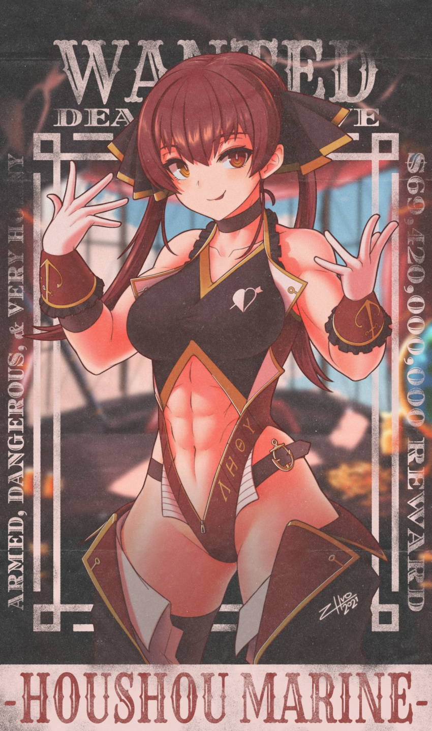 1girl abs bangs black_bow blurry blurry_background bow breasts character_name choker clothing_cutout cowboy_shot dated english_text heterochromia highres hololive houshou_marine leotard long_hair looking_at_viewer medium_breasts muscular muscular_female navel navel_cutout red_eyes redhead signature solo thigh-highs twintails yellow_eyes zhvo