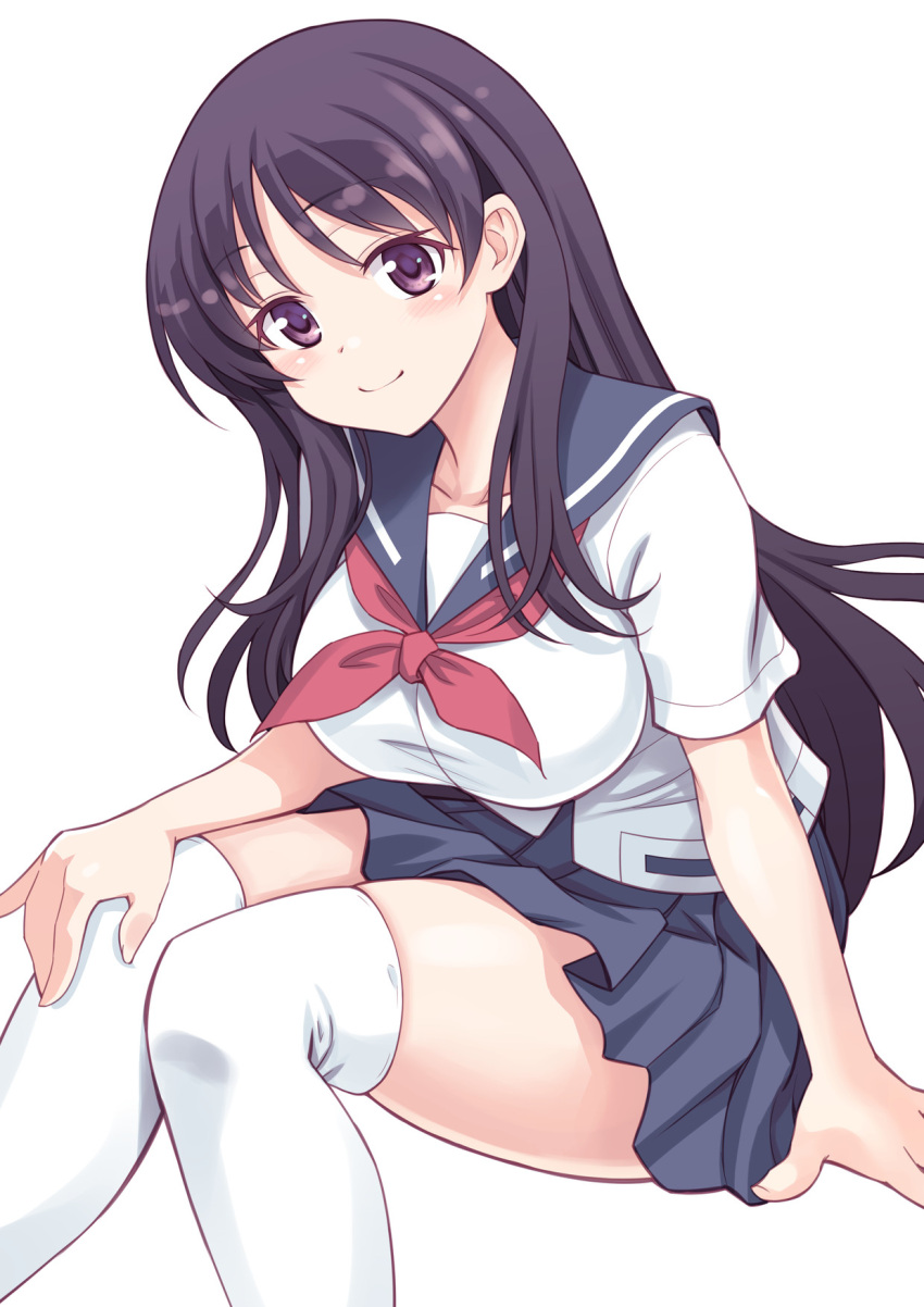 1girl bangs black_hair blouse blue_sailor_collar blue_skirt breasts closed_mouth commentary eyebrows_visible_through_hair hand_on_own_knee highres invisible_chair large_breasts long_hair looking_at_viewer miniskirt neckerchief pila_(pilayamato) pleated_skirt red_neckwear sailor_collar saki saki_achiga-hen school_uniform senriyama_school_uniform shimizudani_ryuuka short_sleeves simple_background sitting skindentation skirt smile solo thigh-highs violet_eyes white_background white_blouse white_legwear