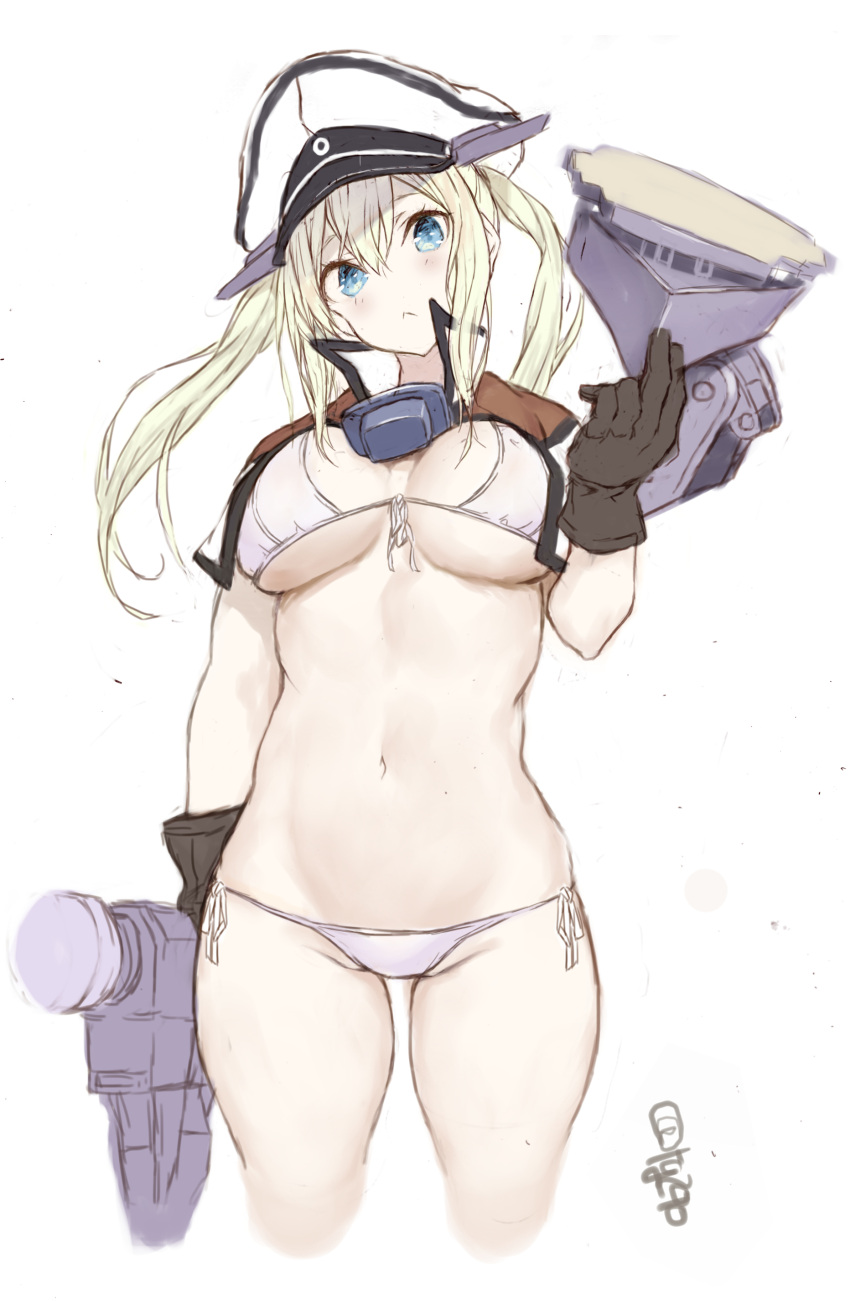1girl absurdres bikini black_gloves blonde_hair capelet cowboy_shot cropped_legs front-tie_top gloves graf_zeppelin_(kancolle) grey_eyes hat highres kantai_collection long_hair looking_at_viewer machinery military_hat one-hour_drawing_challenge peaked_cap ryo_(tg290) side-tie_bikini sidelocks solo swimsuit twintails white_background white_bikini