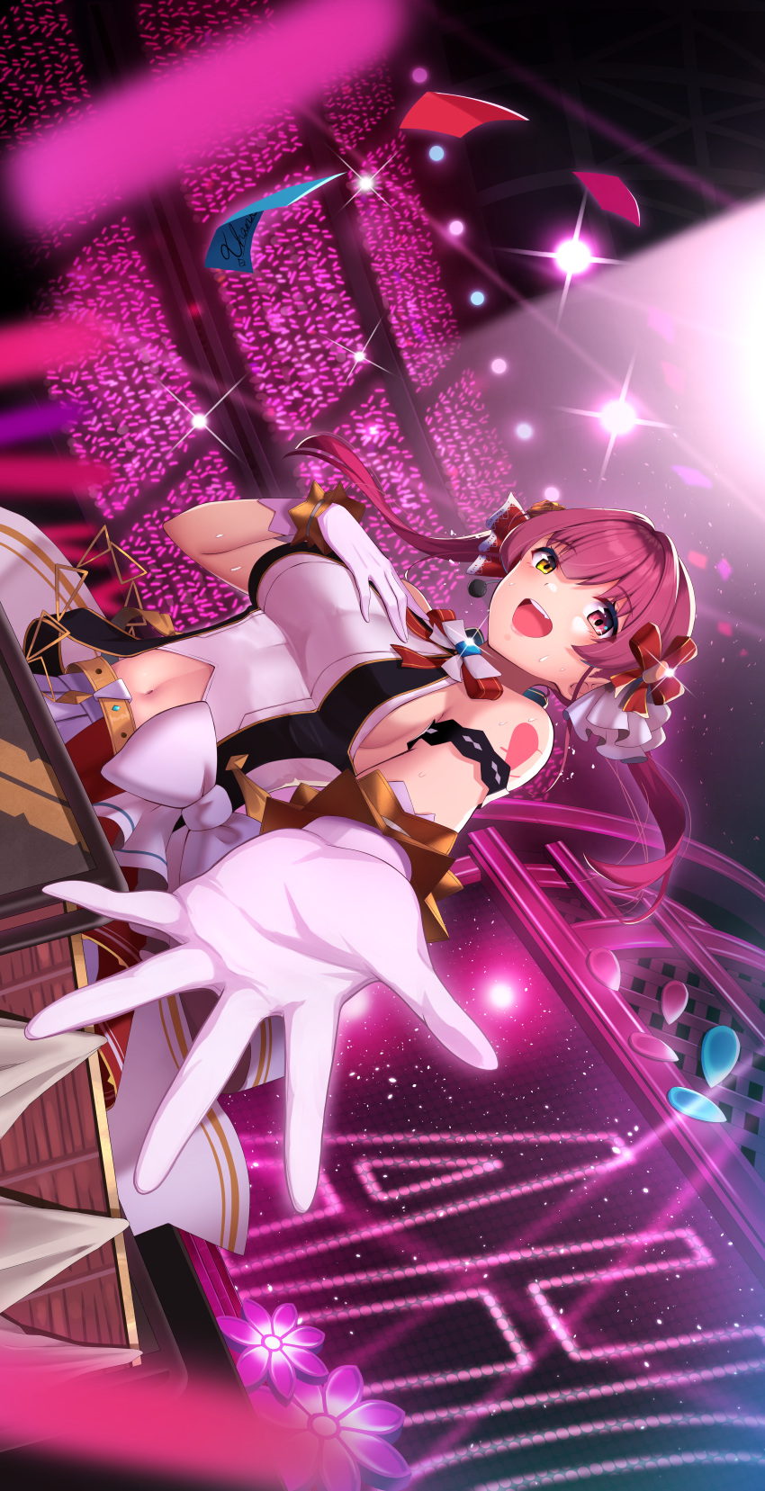 1girl :d absurdres armlet bangs bare_shoulders belt bow bow_skirt bowtie breasts clothing_cutout dutch_angle gloves glowstick hair_ribbon halter_top halterneck hand_on_own_chest headset heterochromia highres hololive hololive_idol_uniform houshou_marine huge_filesize idol idol_clothes large_breasts long_hair looking_at_viewer miniskirt mugino0515 music navel navel_cutout official_alternate_costume open_mouth outstretched_arm outstretched_hand reaching_out red_eyes red_ribbon redhead ribbon singing skirt skirt_set sleeveless smile solo stage twintails virtual_youtuber white_gloves white_skirt wrist_cuffs yellow_eyes