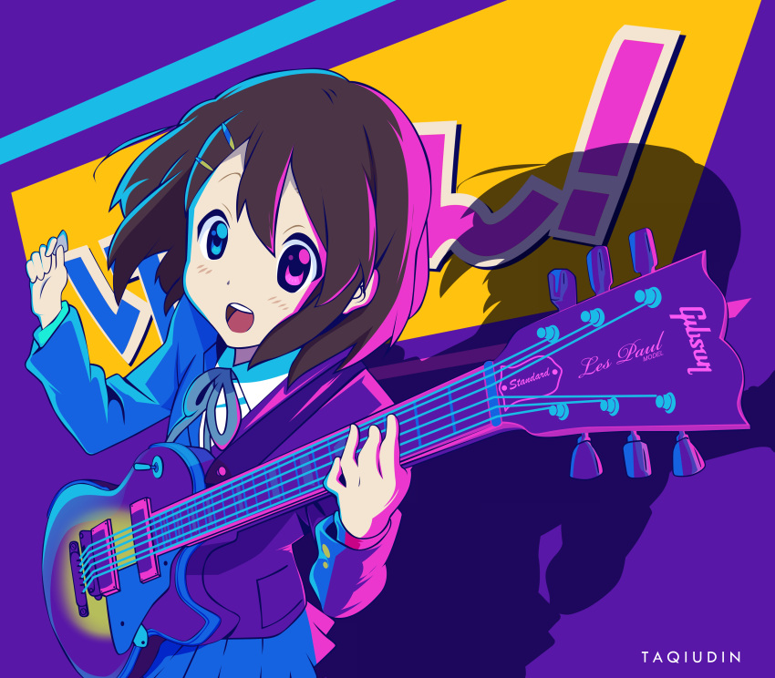 absurdres artist_name background_text bangs blue_eyes buttons electric_guitar english_text gibson gibson_les_paul guitar hair_between_eyes hair_ornament hairclip hands_up heterochromia highres hirasawa_yui instrument jacket k-on! light_blush long_sleeves multicolored multicolored_background music open_mouth playing_instrument purple_background ribbon school_uniform shadow shirt short_hair signature skirt smile taqi99 violet_eyes yellow_background