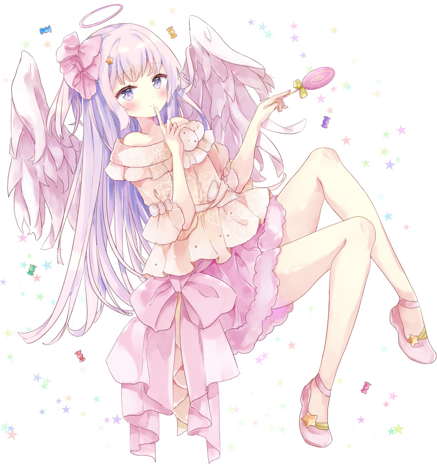 1girl absurdres bangs bare_shoulders blush bow brown_shirt candy closed_mouth commentary eyebrows_visible_through_hair feathered_wings food full_body fur-trimmed_skirt fur_trim hair_bow halo hand_up highres holding holding_candy holding_food holding_lollipop index_finger_raised lollipop looking_at_viewer off-shoulder_shirt off_shoulder one_side_up original pink_bow pink_footwear pink_skirt purple_hair shirt shoes simple_background skirt smile solo starry_background swirl_lollipop symbol_commentary tsukiyo_(skymint) violet_eyes white_background white_wings wings