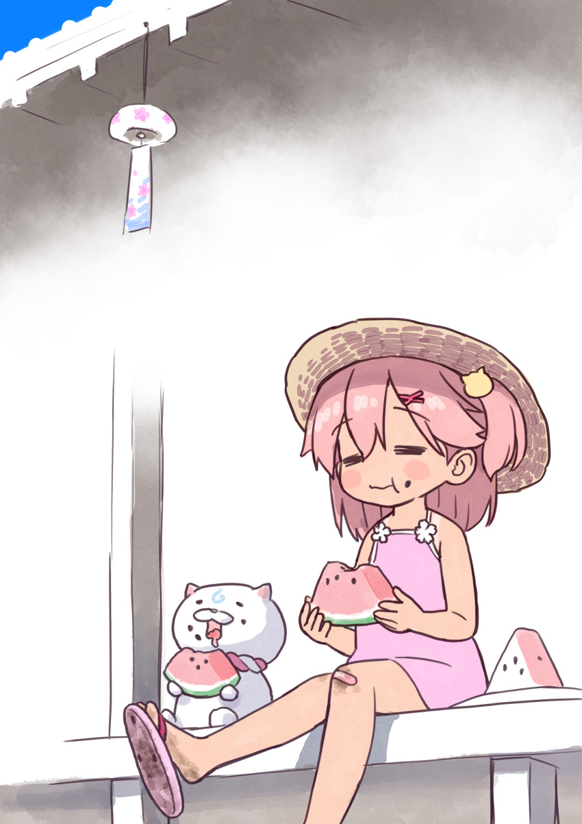 1girl bandaid bandaid_on_knee bruise cat cat_hair_ornament child dirty dirty_feet dress eating food food_on_face fruit hair_ornament hat highres hololive injury one_side_up pink_dress pink_hair sabaku_chitai sakura_miko sitting solo sun_hat tan tanline virtual_youtuber watermelon wind_chime younger