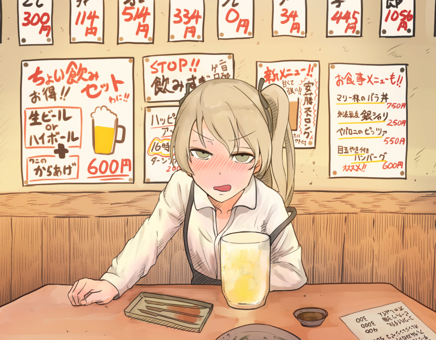 1girl alcohol bangs beer beer_mug black_neckwear black_ribbon black_skirt booth bow bowtie casual collared_shirt commentary cup drunk frown girls_und_panzer hair_ribbon half-closed_eyes high-waist_skirt highres holding holding_cup indoors kaisoku_hirosuko light_blush light_brown_eyes light_brown_hair long_hair long_sleeves looking_at_viewer mug one_side_up open_mouth partially_unbuttoned ribbon shimada_arisu shirt sitting skirt solo strap_slip suspender_skirt suspenders translation_request white_shirt wing_collar