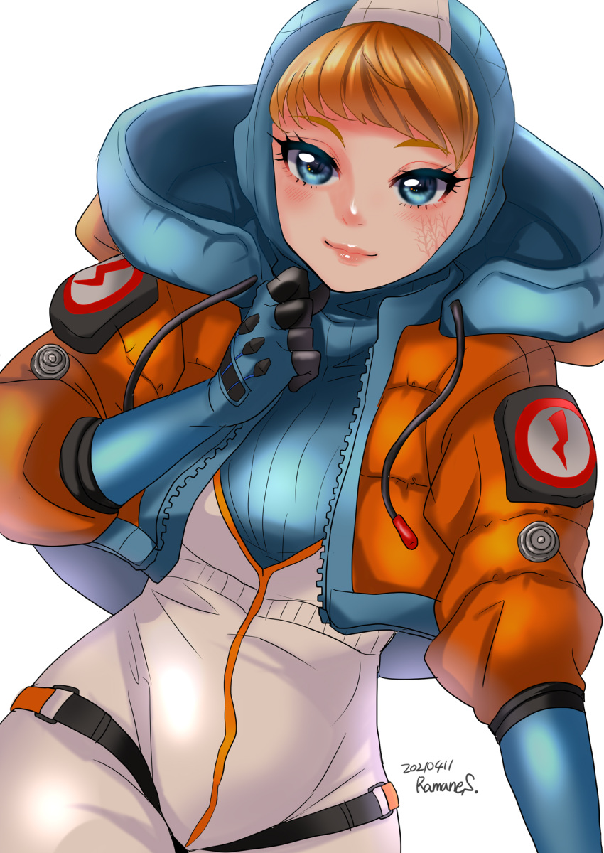 1girl apex_legends artist_name bangs blue_bodysuit blue_eyes blue_gloves blue_headwear bodysuit cable clenched_hand dated gloves highres hood hooded_jacket jacket light_smile looking_at_viewer orange_jacket ramune02 ribbed_bodysuit scar scar_on_cheek scar_on_face smile solo wattson_(apex_legends) white_bodysuit