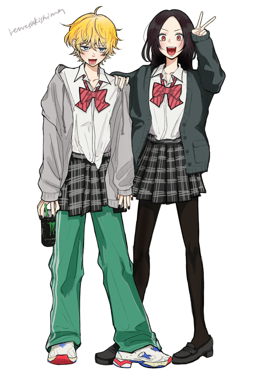 2020 2girls absurdres baby_walkure black_hair black_nails black_pantyhose black_shoes blonde_hair blue_eyes bow bowtie can cardigan collared_shirt commentary_request dress_shirt fukagawa_mahiro full_body green_pants grey_cardigan grey_jacket hair_between_eyes hand_on_another's_shoulder highres holding holding_can jacket loafers long_hair lower_teeth_only monster_energy multiple_girls nail_polish open_cardigan open_clothes open_jacket open_mouth orange_eyes pants pants_under_skirt pantyhose red_bow red_bowtie rentsukishima school_uniform shirt shoes short_hair simple_background sugimoto_chisato teeth textless_version very_long_hair white_background white_shirt white_shoes