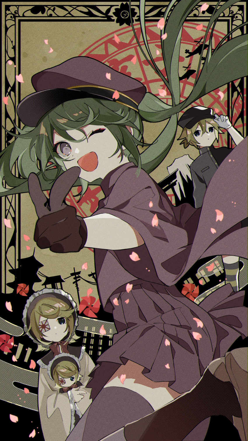 1boy 2girls absurdres bangs black_shirt blonde_hair blue_eyes character_doll cherry_blossoms commentary_request doll doll_hug dutch_angle eyebrows_visible_through_hair eyepatch film_grain frilled_hat frills from_side gloves green_hair hair_between_eyes hand_on_headwear hat hatsune_miku highres holding holding_doll kagamine_len kagamine_rin leg_up long_hair military military_hat military_uniform multiple_girls omutatsu one_eye_closed one_eye_covered open_mouth pinwheel pleated_skirt pointing pointing_at_viewer purple_gloves purple_headwear purple_legwear purple_shirt purple_skirt red_neckwear senbon-zakura_(vocaloid) shadow shiny shiny_hair shirt short_hair skirt striped striped_legwear swept_bangs thigh-highs uniform violet_eyes vocaloid wide_sleeves zettai_ryouiki