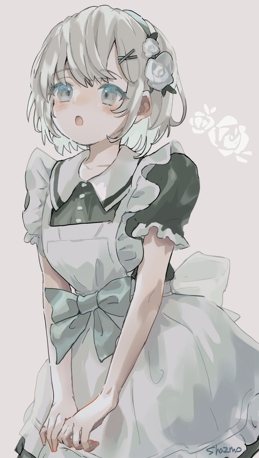 1girl :o apron black_dress blue_bow blush bow collared_dress commentary_request dress flower frilled_apron frills grey_background grey_eyes grey_hair hair_flower hair_ornament hairclip highres maid maid_apron open_mouth original puffy_short_sleeves puffy_sleeves rose sha2mo short_sleeves solo white_apron white_flower white_rose