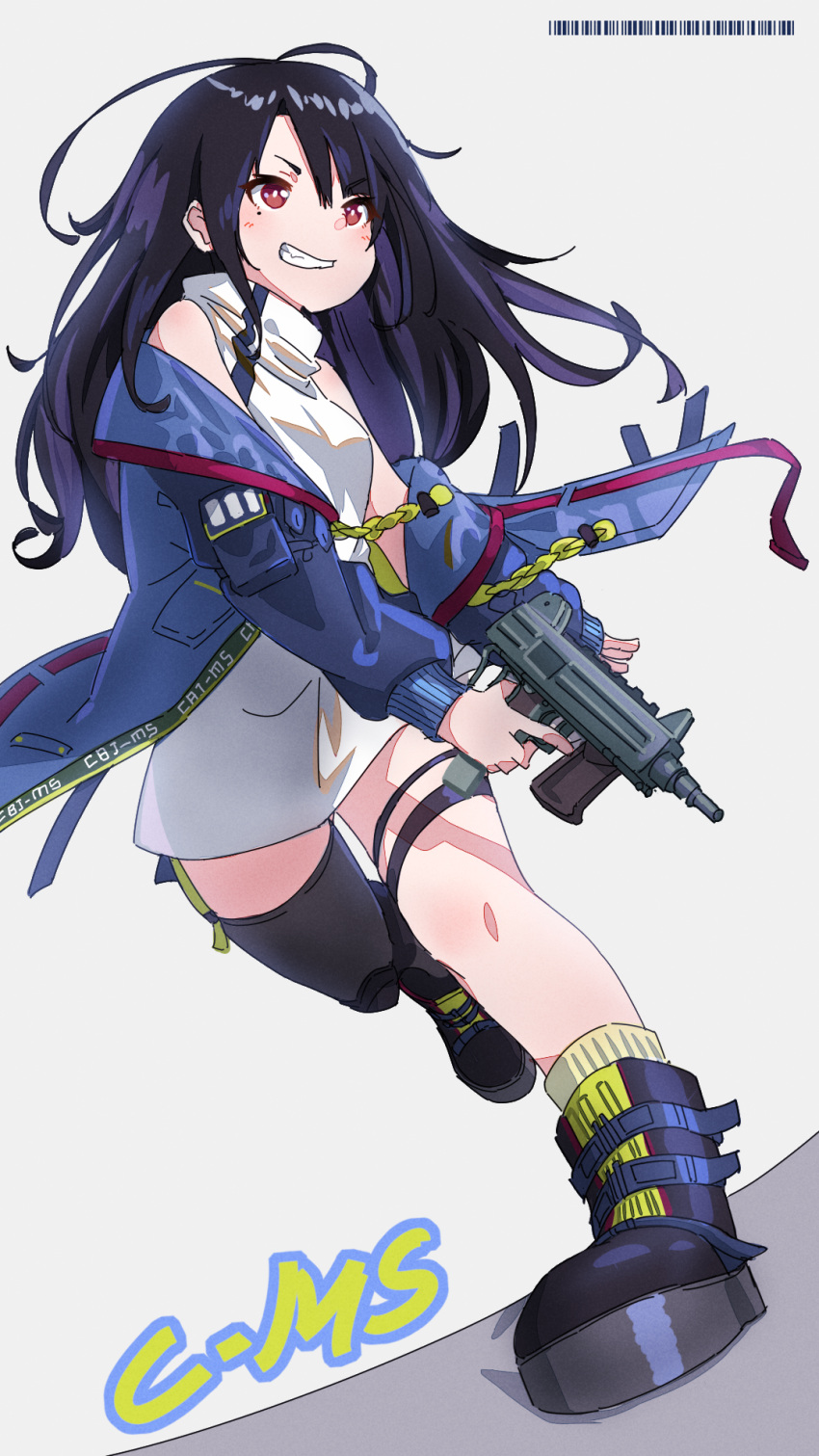 1girl bangs bare_shoulders black_footwear black_hair black_legwear blush boots brown_legwear c-ms_(girls_frontline) cbj-ms character_name clothes_writing commentary_request dress eyebrows_visible_through_hair girls_frontline grey_background grin gun hair_between_eyes highres holding holding_gun holding_weapon jacket kuro_kosyou long_hair long_sleeves mismatched_legwear mole mole_under_eye object_namesake off_shoulder open_clothes open_jacket red_eyes single_sock single_thighhigh sleeveless sleeveless_dress sleeves_past_wrists smile socks solo standing standing_on_one_leg thigh-highs turtleneck v-shaped_eyebrows very_long_hair weapon white_dress white_jacket