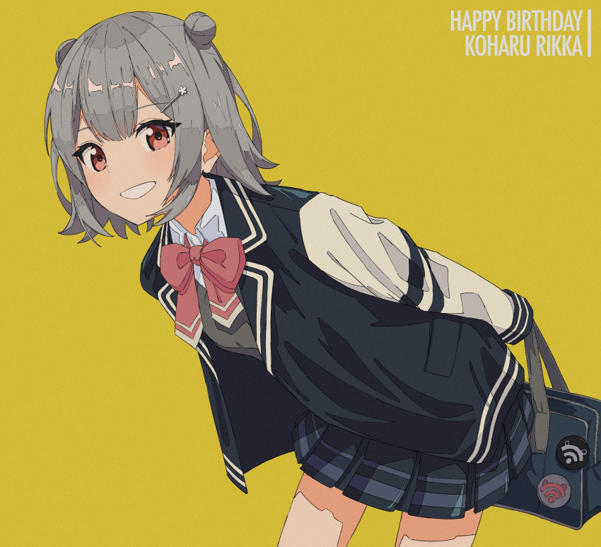 1girl absurdres arms_behind_back ascot badge bag bent_over blazer blue_jacket blue_skirt cevio character_name commentary cowboy_shot double_bun grey_hair grey_sweater grin hair_ornament hairclip happy_birthday highres holding holding_bag jacket koharu_rikka logo looking_at_viewer m1natsuk1 miniskirt pink_neckwear pleated_skirt short_hair shoulder_bag skirt smile solo sweater synthesizer_v violet_eyes yellow_background