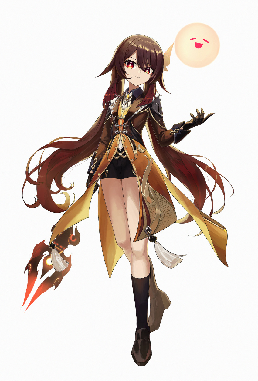 1girl absurdres adapted_costume black_footwear black_gloves black_legwear black_shorts brown_coat brown_hair coat cosplay flat_chest full_body genshin_impact gloves gradient_hair highres holding holding_spear holding_weapon hu_tao huge_filesize kneehighs long_hair long_sleeves looking_at_viewer multicolored_hair pellas_(panix2383) polearm red_eyes shoes short_shorts shorts simple_background smile solo spear star-shaped_pupils star_(symbol) symbol-shaped_pupils thighs twintails very_long_hair weapon white_background zhongli_(genshin_impact) zhongli_(genshin_impact)_(cosplay)