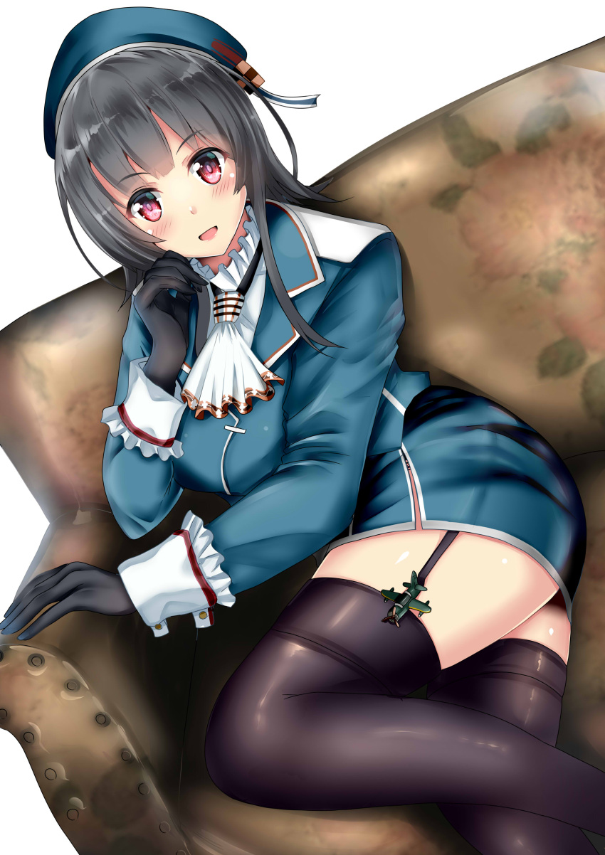 1girl absurdres ascot beret black_gloves black_hair black_legwear blue_headwear blue_jacket blue_skirt blush breasts couch eyebrows_visible_through_hair garter_straps gloves hat highres himura_moritaka jacket kantai_collection large_breasts lips long_sleeves military military_uniform miniskirt open_mouth red_eyes shirt short_hair simple_background sitting skirt solo takao_(kancolle) thigh-highs uniform white_background white_neckwear white_shirt