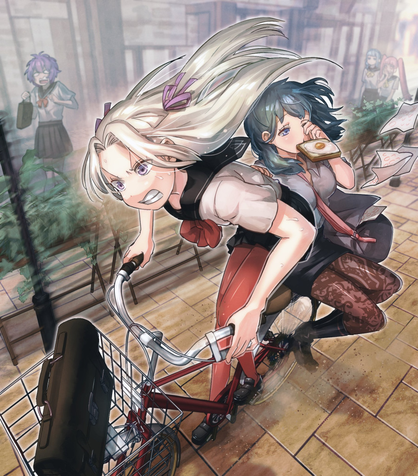 5girls bernadetta_von_varley bicycle bicycle_basket blue_hair byleth_(fire_emblem) byleth_eisner_(female) clenched_teeth contemporary edelgard_von_hresvelg fire_emblem fire_emblem:_three_houses food food_in_mouth fried_egg green_hair ground_vehicle highres hilda_valentine_goneril korokoro_daigorou late_for_school long_hair marianne_von_edmund mouth_hold multiple_girls pantyhose pink_hair purple_hair red_legwear school_uniform skirt teeth toast toast_in_mouth violet_eyes white_hair